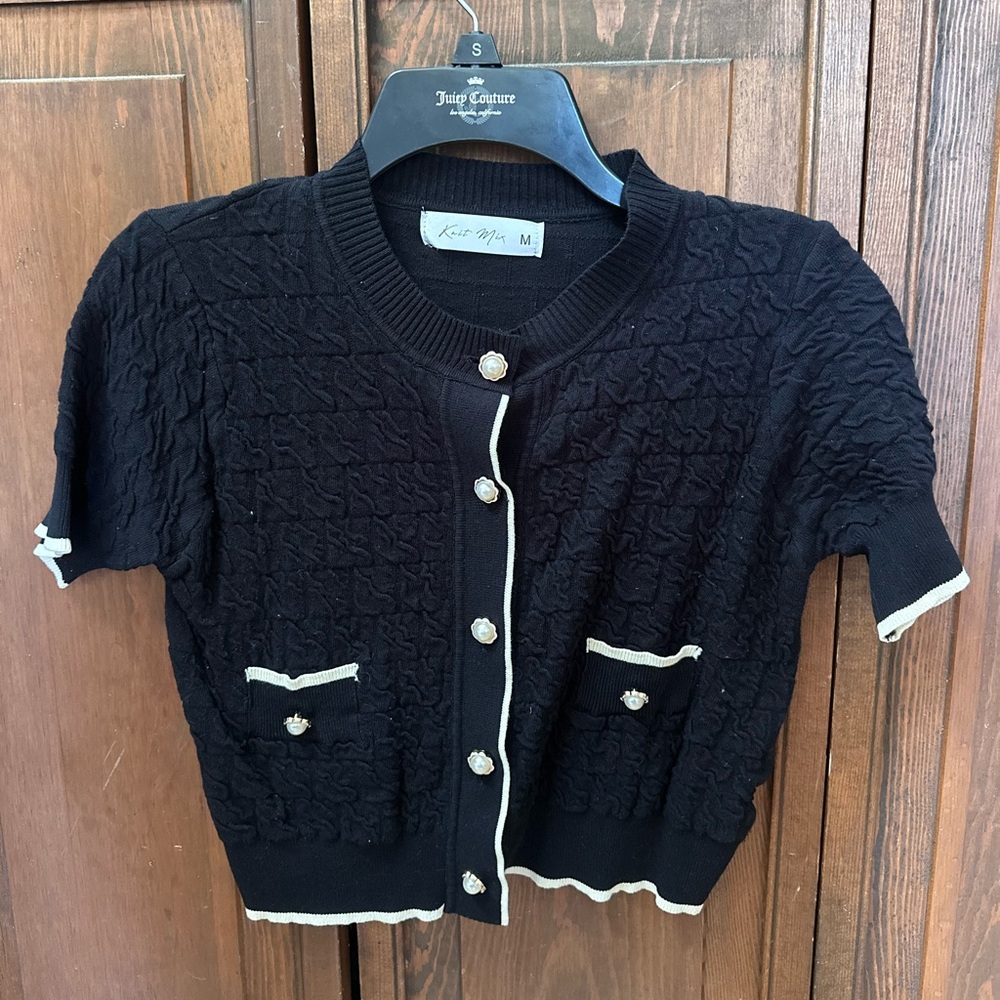 Black Short Sleeve sweater Cardigan with cream Trim